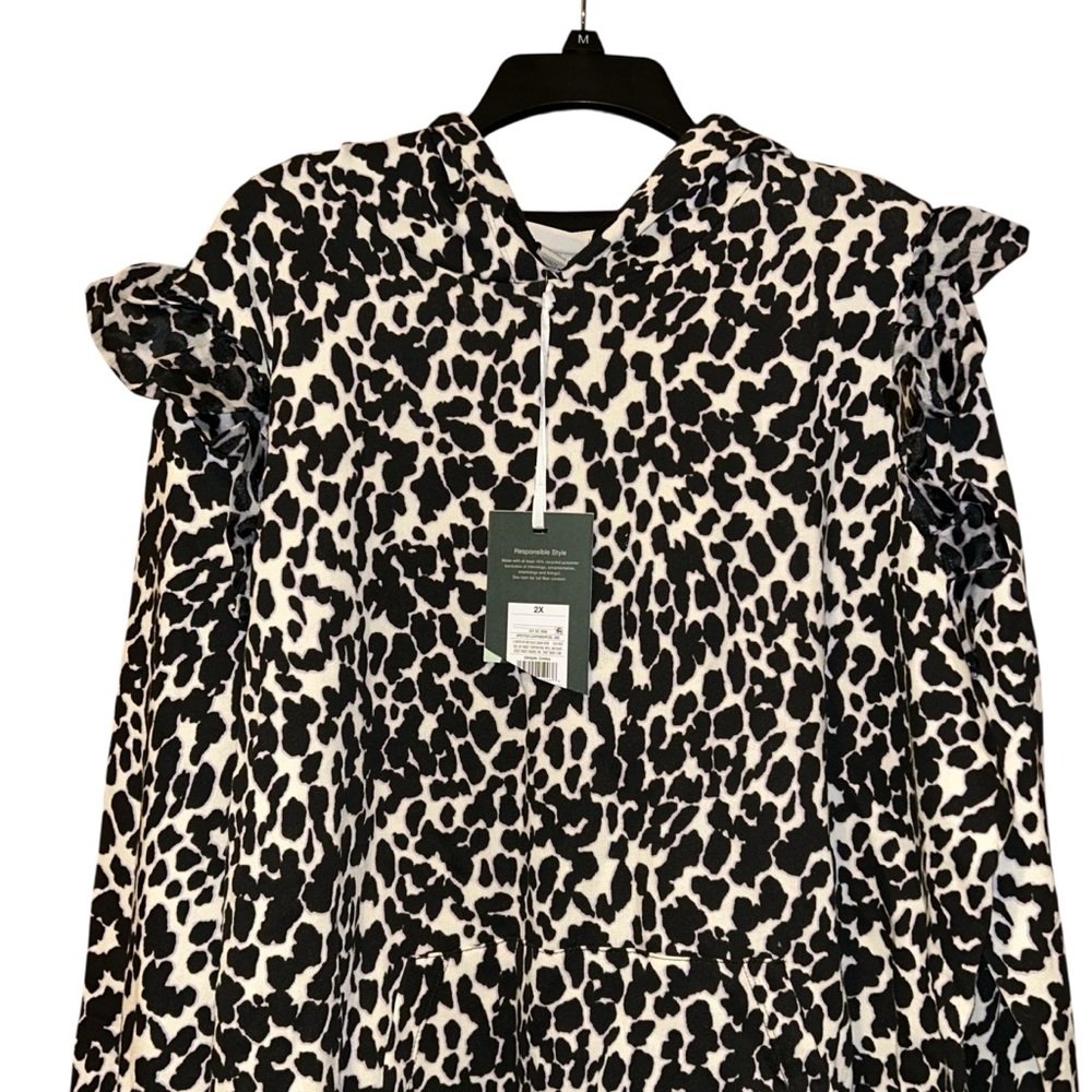 Sandy Liang Target Black White‎ Animal Print Ruffle Hoodie Sweatshirt 2X, 4X NWT - Picture 2 of 13